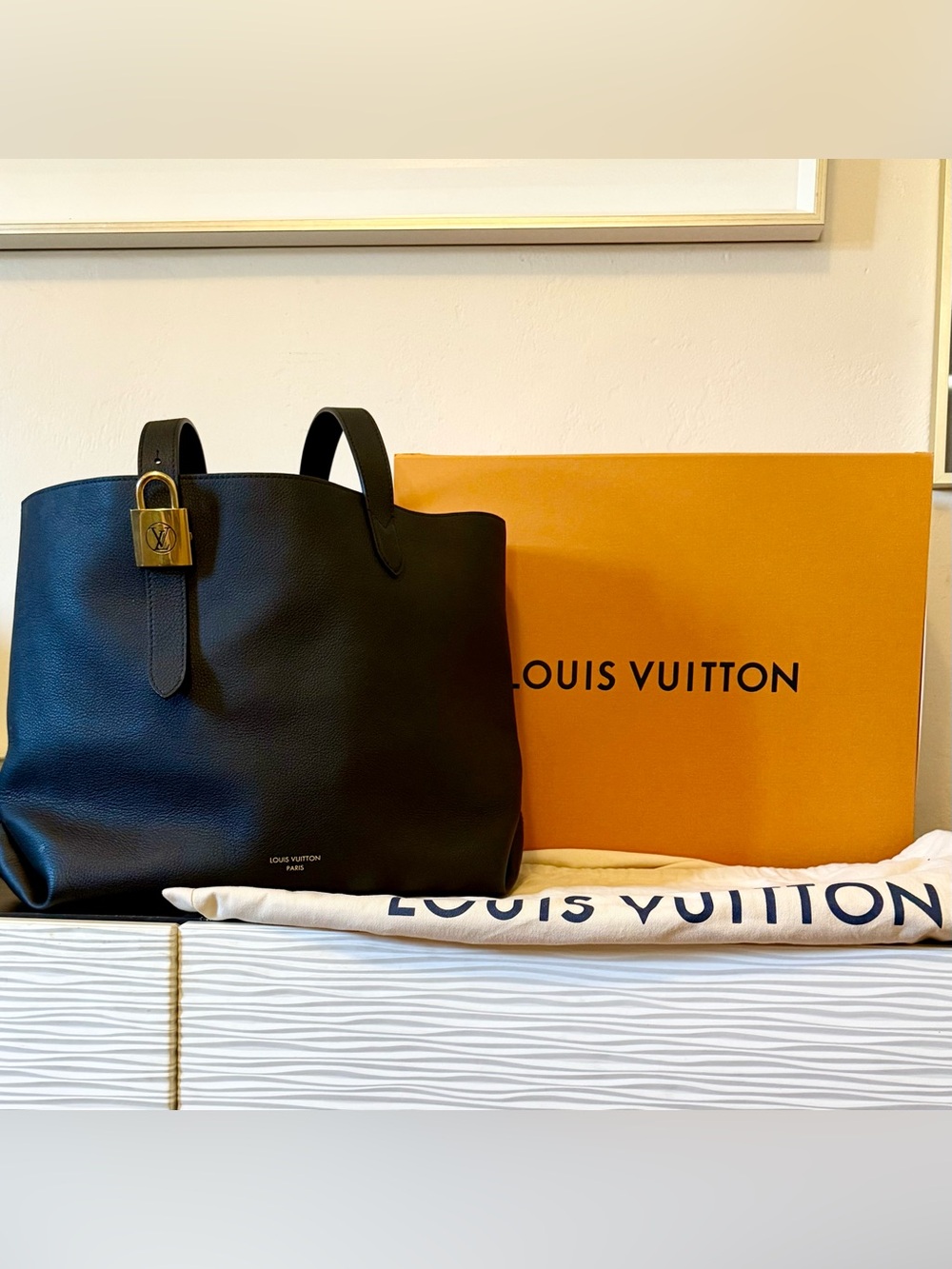 Louis Vuitton Black Low Key Cabas MM with Gold Padlock